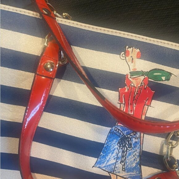 Anne Klein Mix Media Stripe/Denim/Leather Graphic Print Tote Handbag 250G - Picture 9 of 12